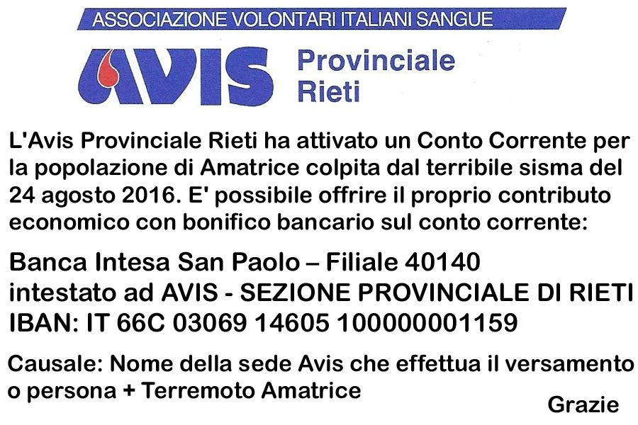 Avis Provinciale Rieti attiva conto corrente raccolta fondi