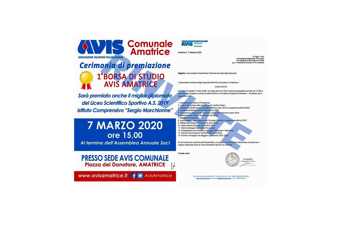 Rinviate Assemblea annuale e Cerimonia di premiazione